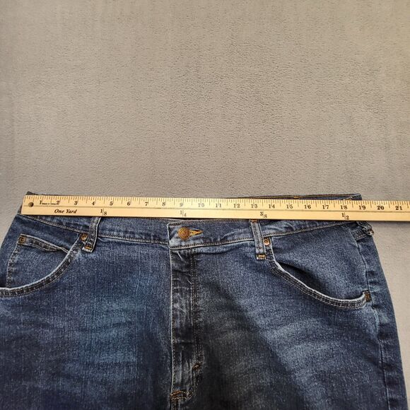 Wrangler Jeans Mens 38x29 Blue Denim Straight Leg Distressed Stretch - Picture 7 of 9
